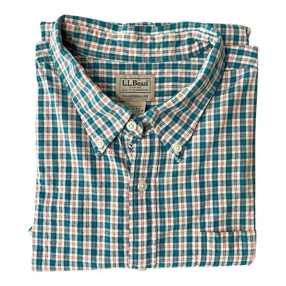 LL Bean Shirt Men XXL Red White Blue Traditional Fit Button Down Short Sleeve - Picture 1 of 7